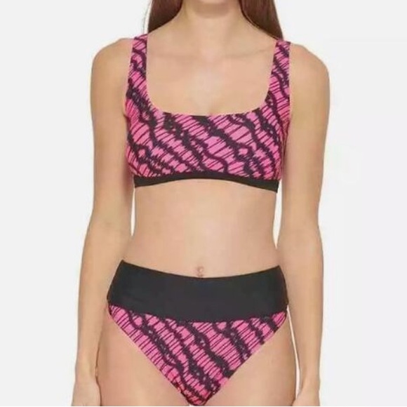 NWT DKNY Pink and Black abstract high waist  bikini set size medium - Picture 1 of 12